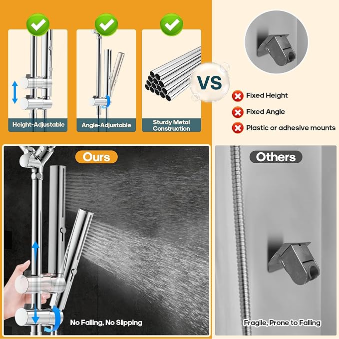 Hombeter High Pressure Rain Shower Head with Handheld Combo, 10 Inch Square Rainfall Showerhead, Adjustable Slide Bar Dual Shower System, 3 Spray Modes, 59" Stainless Steel Hose,Chrome