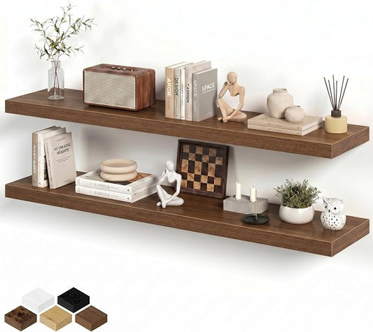 Fun Memories 48 Inch Floating Shelves for Wall 8 Inch Deep Walnut Shelves Set of 2, Wall Mounted Rustic Wood Long Floating Shelf, Large Display & Storage Shelf with Invisible Brackets
