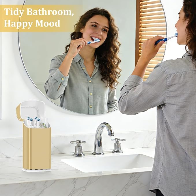 GFWARE Gold Electric Toothbrush Holder with Cover, Ventilated & Drainage | Detachable 5 Slots Bathroom Organizer for Toothbrush & Toothpaste, Waterproof & Dustproof, Electric Toothbrushes Under 10 In
