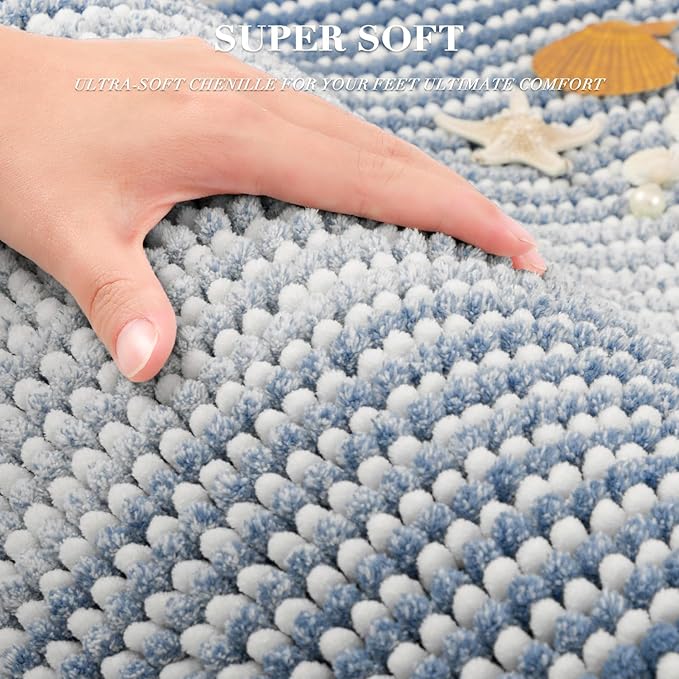 Bathroom Rugs and Mats Sets, 2 Piece Thick Absorbent Chenille Bath Mat Rug Set Non Slip, Soft Shaggy Bath Room Floor Mats for Bathroom, Machine Washable (Fog Blue, 20" x 32" Plus 16" x 24")