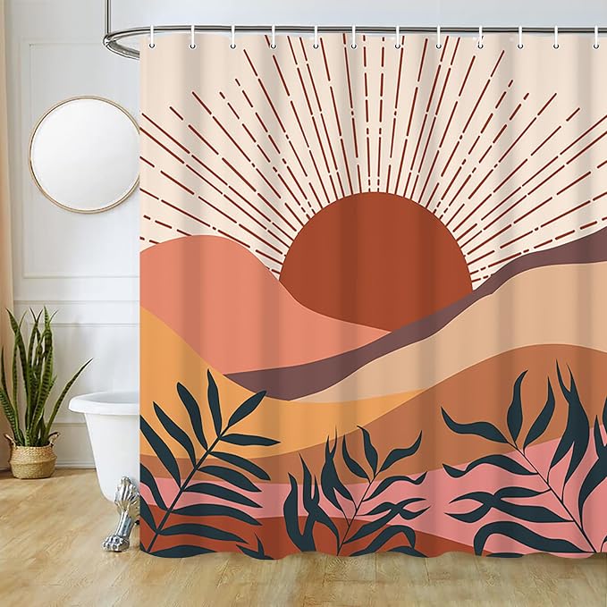 Boho Terracotta Shower Curtain for Bathroom 72x78 Inch | Waterproof Abstract Sunrise and Mountain Shower Curtain Set with Hooks, Mid Century Bathroom Decor