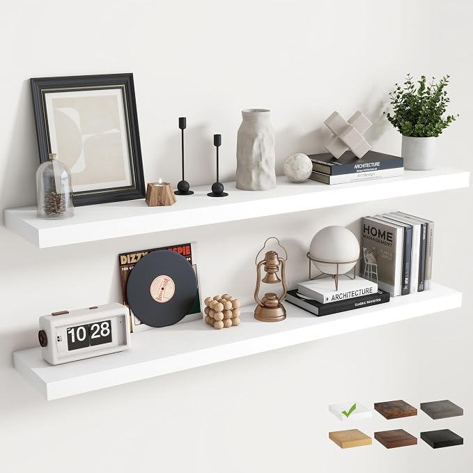 55 Inch Floating Shelves for Wall 2 Pack, 8"D Wood Grain Bathroom Shelves | Invisible Brackets, White Finish, Easy Install | Engineered Wood Storage Shelves for Kitchen, Study, Bedroom