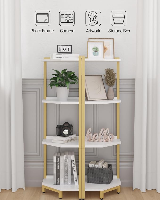 Hzuaneri Corner Shelf Stand 4-Tier Corner Bookshelf Storage Standing Shelf | Bookcase Plant Stand with Metal Frame for Living Room, Home Office, Bedroom, White Gold CS05803A