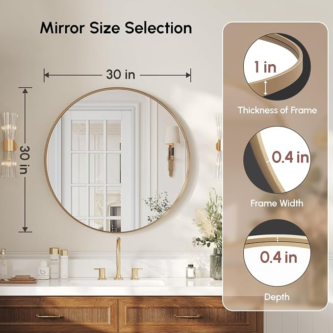 30 Inch Gold Round Bathroom Mirror for Over Sink | Circle Mirror with Metal Frame, Wall Mirror for Vanity, Entryway, Living Room, Hallway and Bedroom Decor
