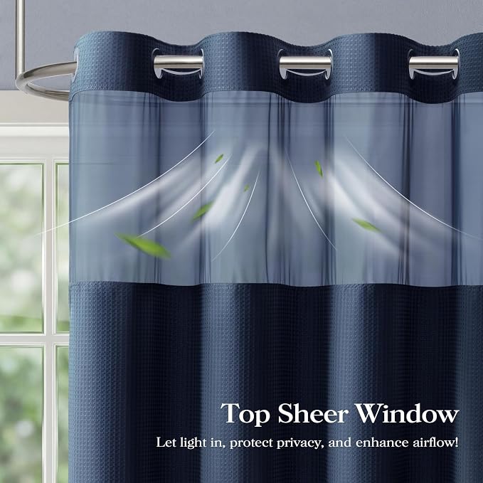 Navy Blue Hook Free Waffle Shower Curtain & Snap-in Liner,72x75 | Less Time to install, 3 in 1 Fabric Shower Curtain and Liner Set with Magnets, Mesh Top Window, Shower Curtains for Bathroom