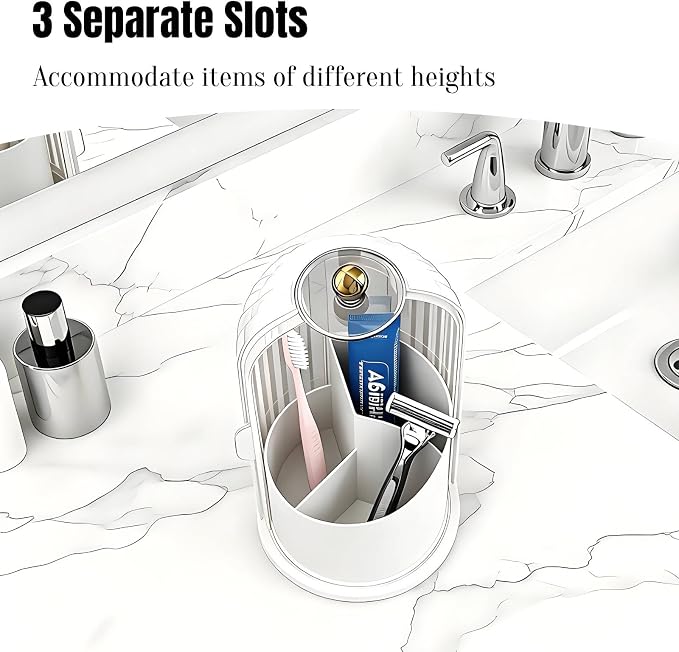JEESA Dustproof Toothbrush Holder with Cover, Transparent/White | 360° Rotating, 180° Sliding Lid, 3 Slots, Toothbrush Organizer, for Bathroom Countertop