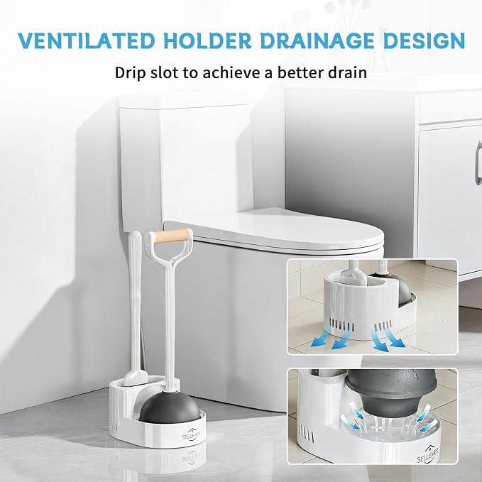 Toilet Brush and Plunger Set, Curved Head for Deep Cleaning, White | Brush and Plunger set, Curved Nylon Bristles for Deep Clean, Strong Suction Plunger, Ventilated Holder for Quickly Air Dry