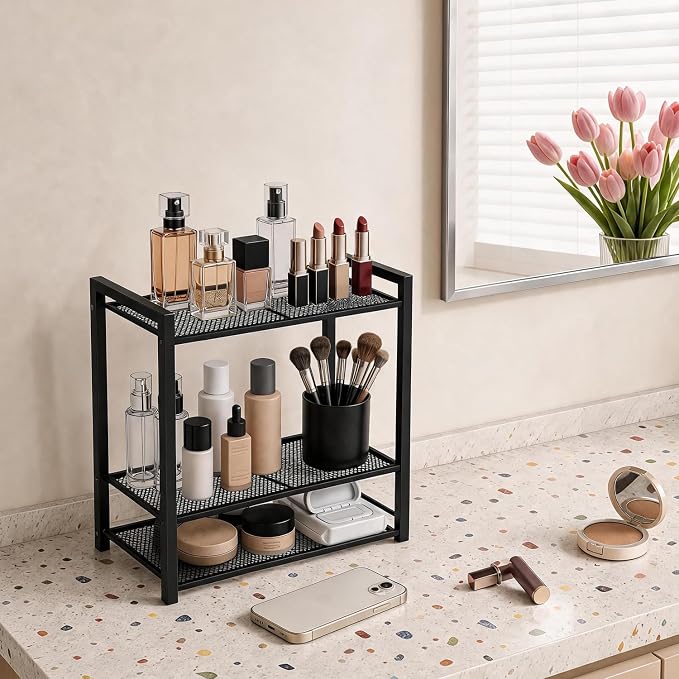 Bathroom Counter Organizer, Countertop Organizer Storage Rack | 3-Tier Metal Mesh, Adjustable Shelves for Vanity Perfume Skincare, Storage for Bathroom, Kitchen, Dresser and Small Spaces