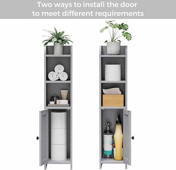 Homhedy Small Bathroom Storage Cabinet, Narrow Toilet Paper Cabinet | Corner Floor Cabinet with Door and Shelves, Slim Bathroom Cabinet for Small Spaces, 7.9" D x 7.1" W x 31" H, Gray