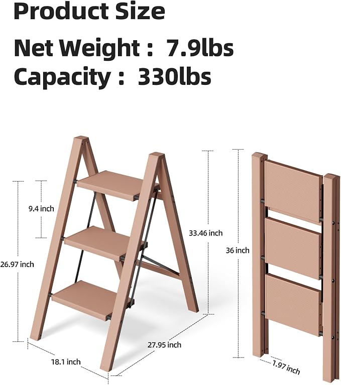 HillhutApex 3 Step Stool Foldable Ladder,Aluminum Step Ladder | Folding Lightweight Stable Stool with Wide Non-Slip Pedals, 330lbs Bearing Capacity Ladder for Office,Home,Kitchen-Light Pink