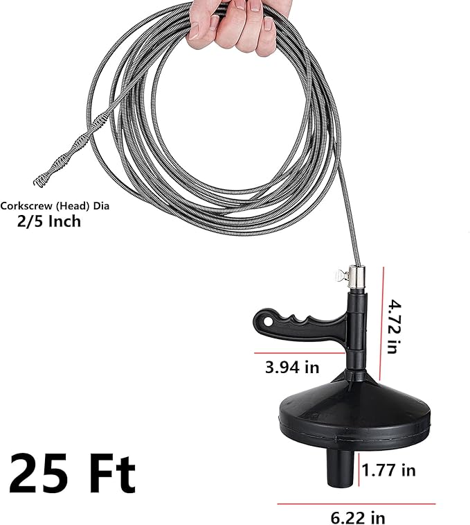 25 Ft Heavy Duty Drain Auger & Plumbing Snake, Sewer Snake for Bathtub, Shower, Sink, Toilet Drain Clog Removal, Manual Drill Pipe Snake Tool with Gloves, Destapa Cañerias Serpiente de Drenaje