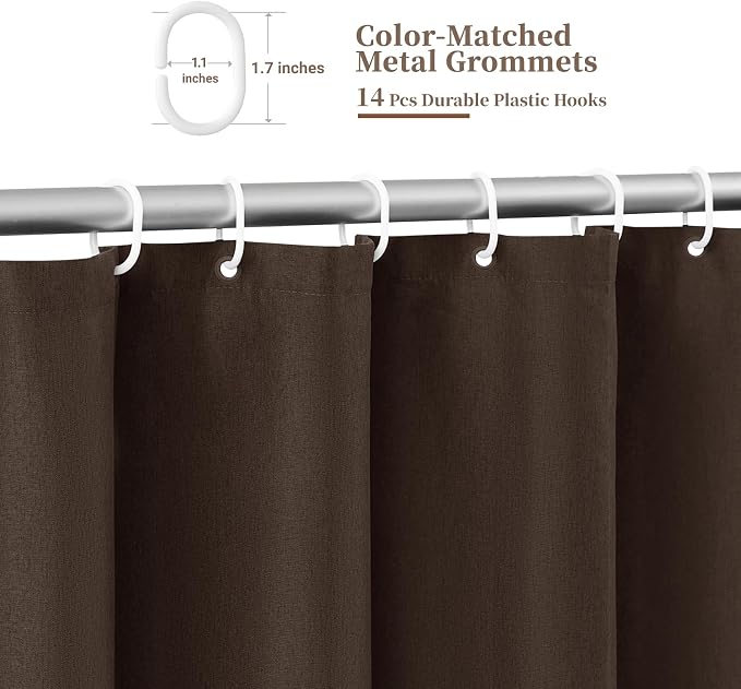 84x72 Boho Scalloped Linen Textured Cloth Shower Curtain Set, Brown | Wide Size, 230GSM Waterproof Polyester, Heavy Duty Fabric, 14 Plastic Hooks, Elegant Modern Farmhouse Style, Machine Washable