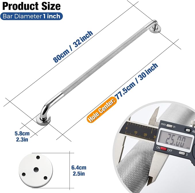 Grab Bars for Shower, 32 Inch Shower Handle, 2 Pack, Brushed Nickel | Grab Bars for Bathroom, Knurled Anti-Slip Grip, 31-Inch Hole Centers, 1-Inch Diameter, Wall-Mounted Support for Seniors