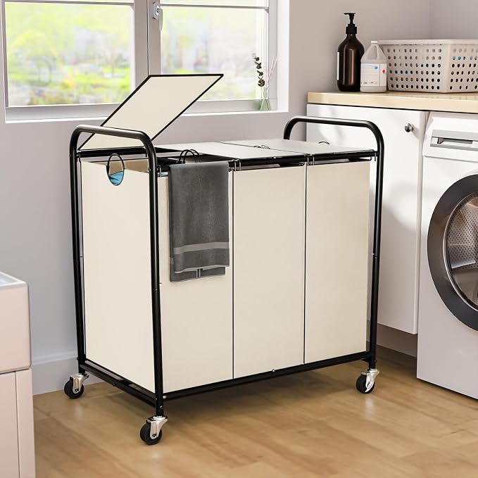 180L Laundry Sorter 3 Section, Rolling Laundry Basket with Wheels and Lid | 47.55 Gal Laundry Hamper, 3 Separated Removable Bags, Lockable Wheels, Dirty Clothes Hamper for Laundry Room Organizer, White