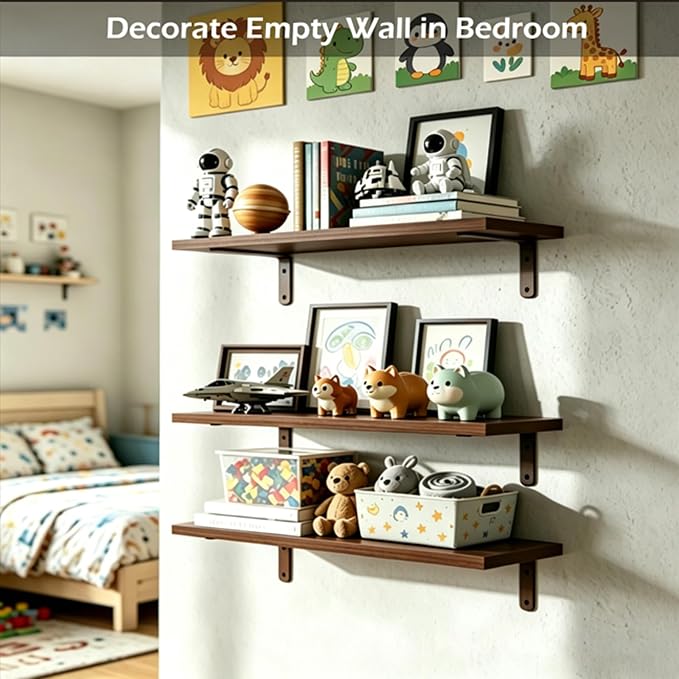 Floating Shelves Set of 6, Wooden Floating Shelves for Wall Decor, Farmhouse Shelf for Bedroom, Wall Mounted Bathroom Storage Shelves, Floating Book Shelves for Living Room