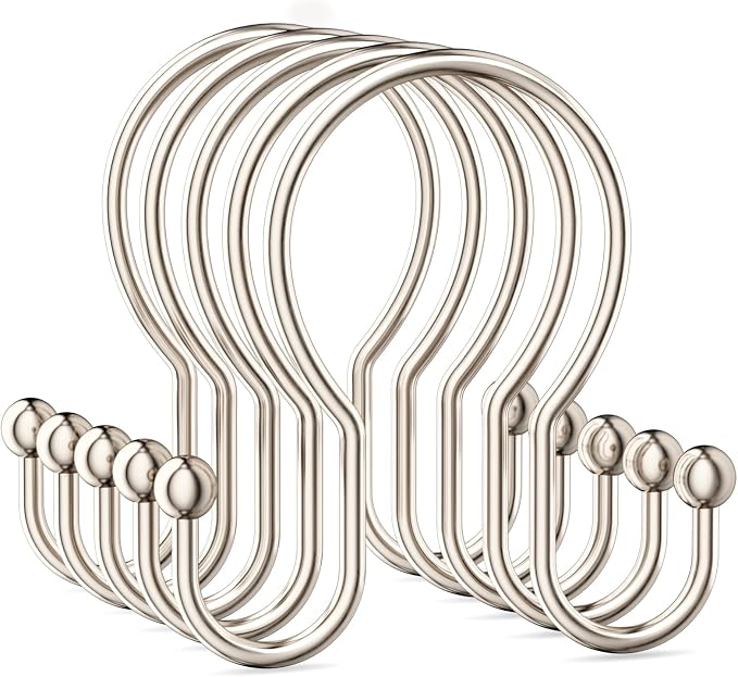 OEH Shower Curtain Hooks, 12 Pcs Minimalist Shower Curtain Rings, Metal Shower Curtain Hangers, Double Hook Shower Curtain Hooks Rust Proof, Glide Smoothly Shower Hooks for Shower Curtain Rod, Nickel