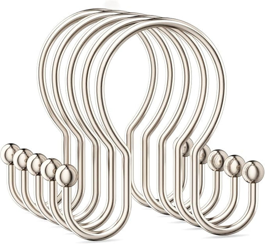 OEH Shower Curtain Hooks, 12 Pcs Minimalist Shower Curtain Rings, Metal Shower Curtain Hangers, Double Hook Shower Curtain Hooks Rust Proof, Glide Smoothly Shower Hooks for Shower Curtain Rod, Nickel