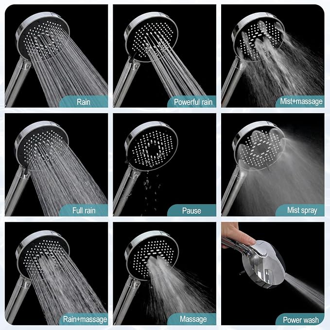 SR SUN RISE NSF Certified Filtered Shower Head with Handheld for Hard Water to Remove Chlorine High Pressure 9-Spray Setting (with Power Wash) Anti-Clog Nozzles (4 Filters, Chrome)