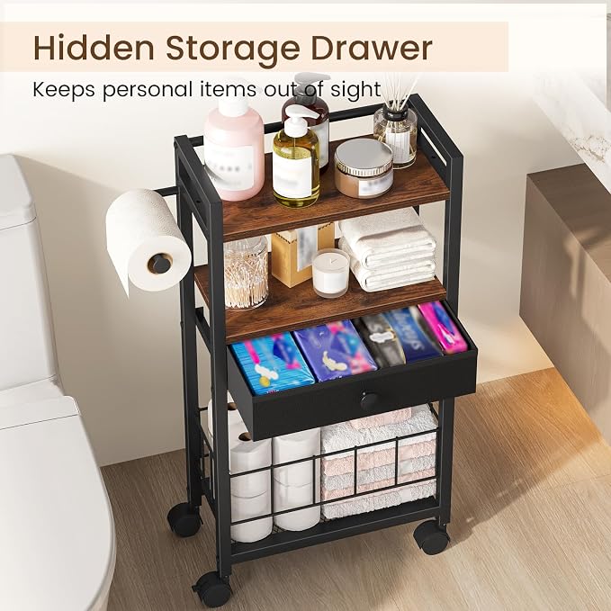 Snughome Freestanding Toilet Paper Holder with Storage Drawer, 4-Tier Rolling Toilet Paper Holder Stand with Wheels, Shelf & Basket, Bathroom Magazine Rack for Phone & Extra Rolls (Rustic Brown)