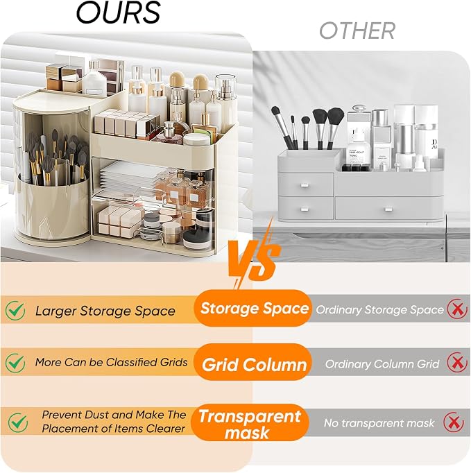 Makeup Organizer,Rotating Cosmetic Storage Organizer with Drawers,Large Capacity Makeup Brush Holder,Skincare Vanity Organizer for Bathroom Countertop,Cream.