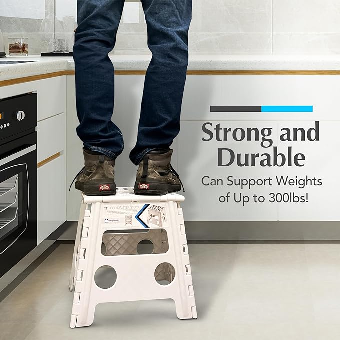 Handy Laundry Folding Step Stool 13 Inch, White, Non-Slip Holds 300 lbs | 13 Inch, White, Foldable Collapsible Step Stool, Non-Slip, Holds 300 lbs, Kitchen Bathroom Bedroom, Adults