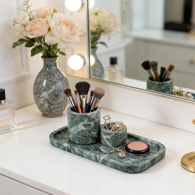 Marble Tray, 10"x5" Marble Vanity Tray for Bathroom Countertop Kitchen Sink, Rectangular Stone Tray for Perfume Fragrance, Decorative Catchall Tray Jewelry Cosmetics Organizer(Green)