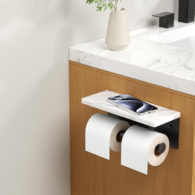 FORIOUS Double Marble Toilet Paper Holder with Phone Shelf, Mattle Black | Wall Mount 304 Stainless Steel Commercial Bathroom Tissue Roll Dispenser, Modern Heavy Duty Washroom Paper Storage