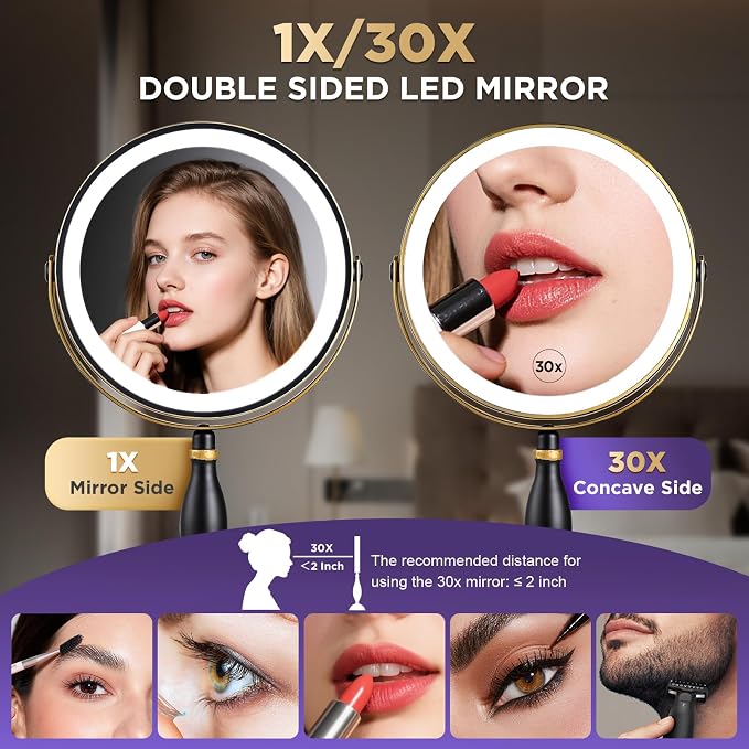 30x Magnifying Mirror with Light, Matte Black with Gold Trim | Makeup Mirror with 3 Color Light & Brightness Adjustable, 5000mAh Rechargeable Vanity Mirror, Modern Style Side Touch+Charge