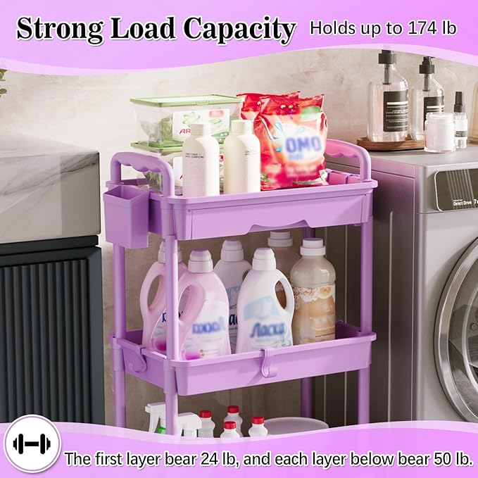 SUNALLY 3 Tier Rolling Cart with Drawer,Craft Storage Cart Organizer,Purple | Bathroom Storage Organizer with 2 Lockable Wheels, Rolling Utility Cart for Kitchen, Office, Baby, Makeup, Nail,Snack,Laundry