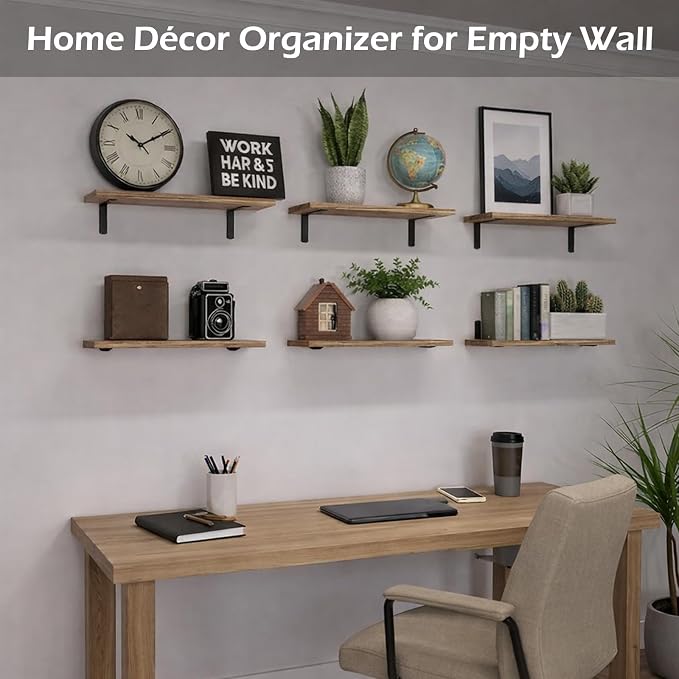 Floating Shelves Set of 6, Wooden Floating Shelves for Wall Decor, Farmhouse Shelf for Bedroom, Wall Mounted Bathroom Storage Shelves, Floating Book Shelves for Living Room