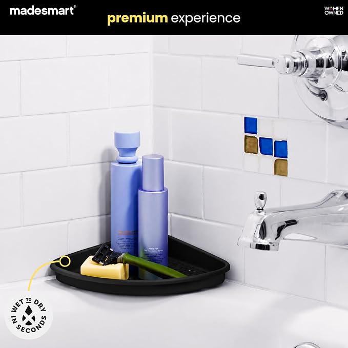 madesmart Bathtub Corner Shelf, Carbon | suction cup base, drainage holes, raised edges, shampoo soap razors, bath accessories, woman owned