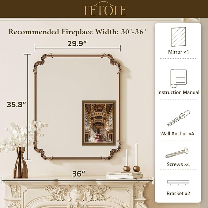 Antique Gold Brass Rectangle Mirror for Mantle Fireplace 30 x 36 Baroque Vintage Ornate Scroll Wall Mirror with Metal Frame for Traditional Victorian French Decor, Horizontal/Vertical