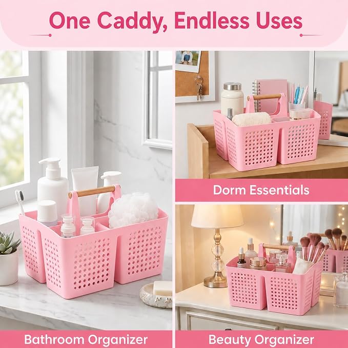 Portable Shower Caddy Basket with 3 Compartments and Handle, Caddy Pink | Plastic Divided Beauty Caddy Organizer for Makeup, Skincare, Hair Products, Nail Supplies, Vanities and Dorm Rooms
