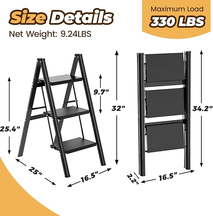 HBTower 3 Step Ladder, Lightweight Aluminum Folding Step Stool | Anti-Slip Wide Pedal, 330lbs Capacity Step Ladder for Household Kitchen Office, Black