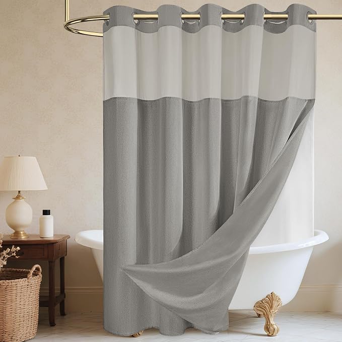 WONICY No Hook Shower Curtain with Snap-in Liner, Grey, 71 x 77 Inch | Ringless, Waterproof & Washable, Hotel Style, Mesh Top Window, Bottom Magnets, Thick, Farmhouse, for Bathroom