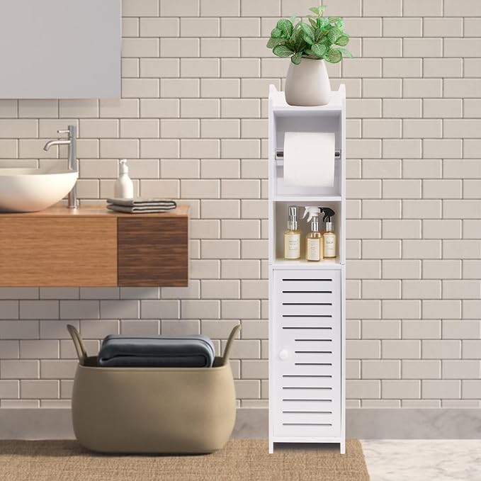 ShellKingdom Toilet Paper Holder Stand with Rod, Small Bathroom Cabinet | Slim Storage Cabinet for Bathroom Small Spaces Corner Floor with Doors and Shelves, White