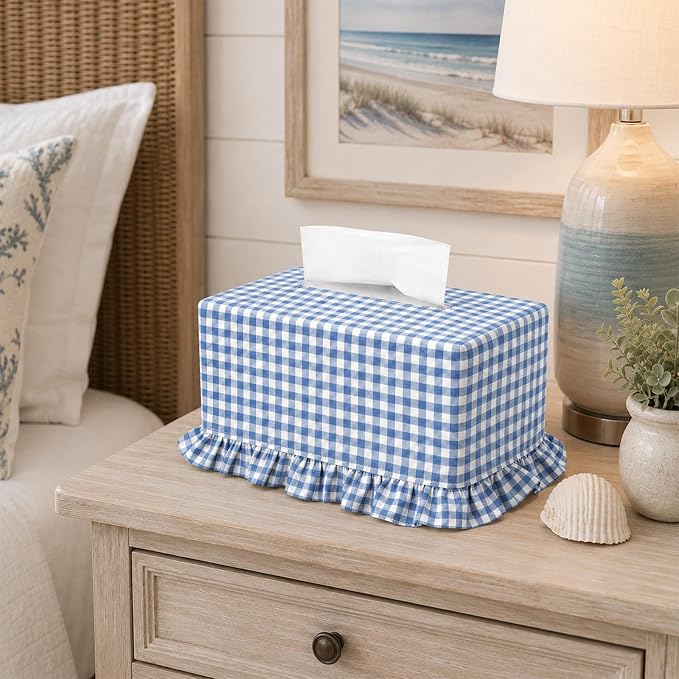Sawysine Blue Check Plaid Fabric Tissue Box Cover Coastal Beach Style Ruffled Rectangular Napkin Holder Fresh Ocean Household Decor Sleeve for Home Bathroom Living Room Kitchen Indoor Seaside Decor