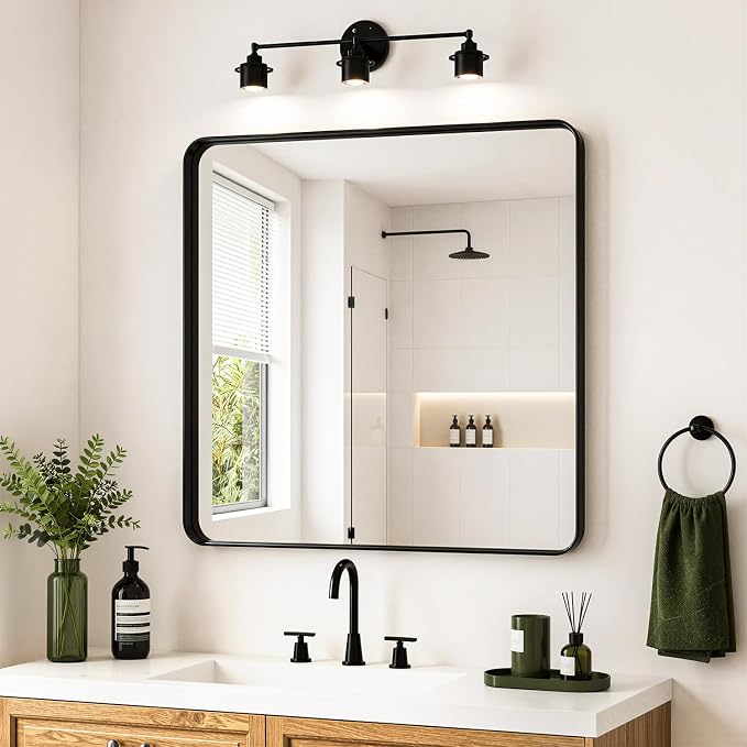 Koonmi 30x30 Inch Black Bathroom Mirror for Over Sink | Wall Mirror for Bathroom Matte Rectangle Metal Deep Framed, Shatterproof Tempered Glass, Hang Vertically or Horizontally