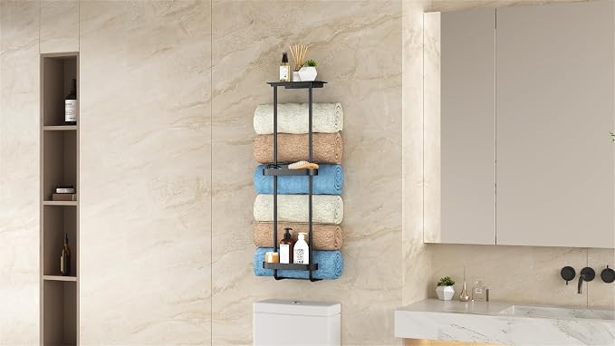 STWWO Bathroom Towel Storage, 36.4 Inch Towel Racks for Bathroom Wall Mounted with Shower Caddy with Metal Shelf, Black | Towel Racks for Bathroom 36.4Inch with Shower Caddy