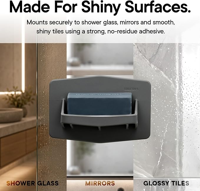TOOLETRIES The Benjamin Soap Holder for Shower - Charcoal | Draining silicone soap holder with a reusable adhesive mount to keep soap dry and organised.
