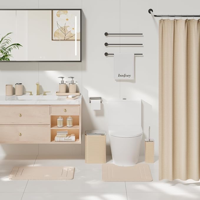 Bathroom Set - 25PC Bathroom Sets with Shower Curtain and Rugs, Beige Bathroom Set, Bathroom Accessory Set, Luxury Bathroom Accessories Set, Trash Can, Toilet Brush, Soap Dish & Soap Dispenser