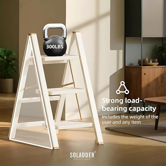 3 Step Ladder, Folding Step Stool, Cream Chocolate | Wide Anti-Slip Steps and a Foldable, Space-Saving Design for Adults to Use in Kitchens, Closets, Library,300 lbs