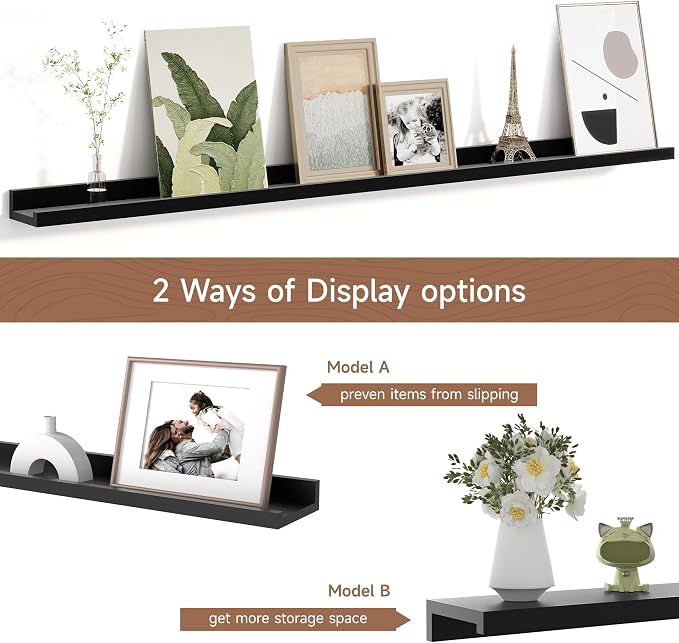 Fun Memories Picture Ledge Shelf for Wall, Floating Shelves Set of 4, 48 Inch Long Nursery Book Shelves for Toys Storage, Kids Bookshelf Wall Mounted for Books Photo Frames, Black