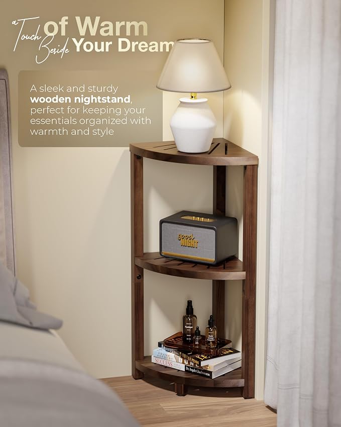 BLUEWEST 3-Tier Corner Shower Caddy Stand, Wood, Walnut | Shower Organizer Standing, Anti-Slip Feet, Waterproof & Durable, Space-Saving Design, Bathroom Corner Shelf