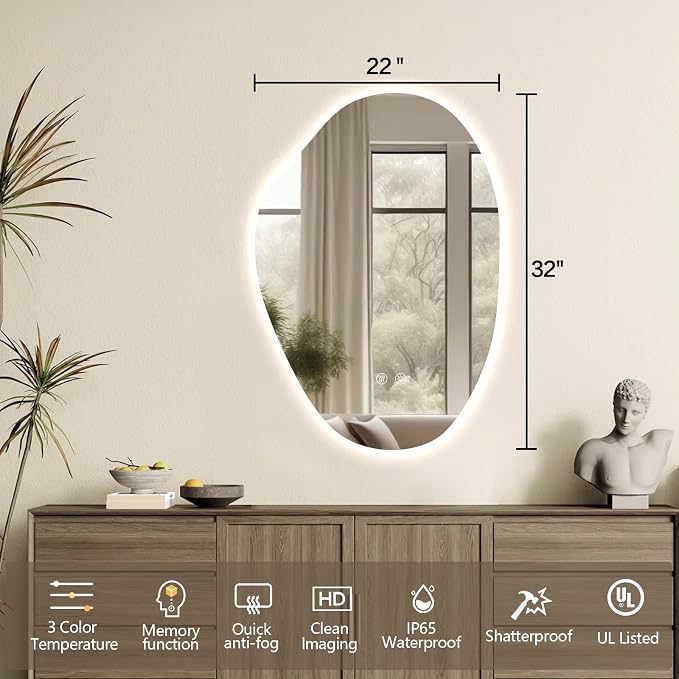 Irregular LED Bathroom Mirror 32 x 22 inch, Frameless Backlit Mirror with Lights Vanity Mirrors for Wall, Asymmetrical Anit-Fog, 3 Color Dimmable, Memory, Horizontal/Vertical