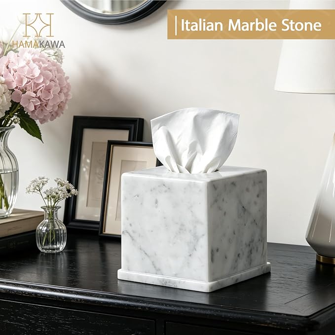 Natural Marble Tissue Box Cover, Carrara White Tissue Organizer 6 x 6 x 5.7 inch, Heavy Stone Decorative Box, Square Tissue Box Holder for Home Decor, Kitchen, Bathroom, Bedroom
