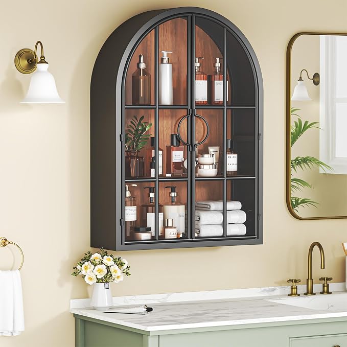 Arched Wall Cabinet with Glass Door, NO Assembly, Metal Wooden | Metal Frame, 12MM Wooden Shelves, Handcrafted Arched Design, 40-lb per Tier, 5MM Tempered Glass, for Bathroom Wall Medicine