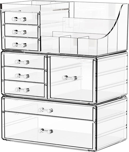 3 Pack Clear Makeup Organizer Countertop for Dresser,Vanity and Bathroom Counter Organizer,Tiered Stackable Makeup Acrylic Organizers with 9 Drawer for Skincare,Brush and Make up Holders