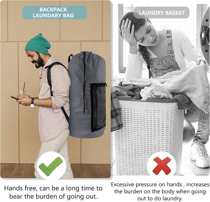 Olosar Laundry Bag Backpack, 2PCS Extra Large Travel Laundry Bag with Mesh Pocket & Adjustable Shoulder Straps,Dirty Clothes Travel Bag for College Students Dorm,Apartment(Grey)