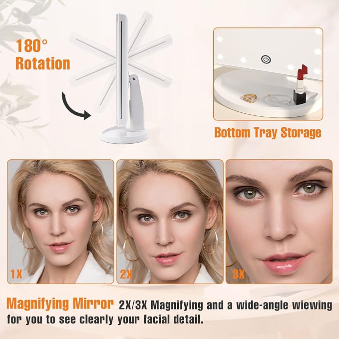 Trifold Vanity Mirror with Lights, Make up Mirror with Lighting | Lighted Makeup Mirror 2X/3X Magnification, 21 LED Touch Dimming, Dual Power 180° Rotation Lit Beauty Table Mirror